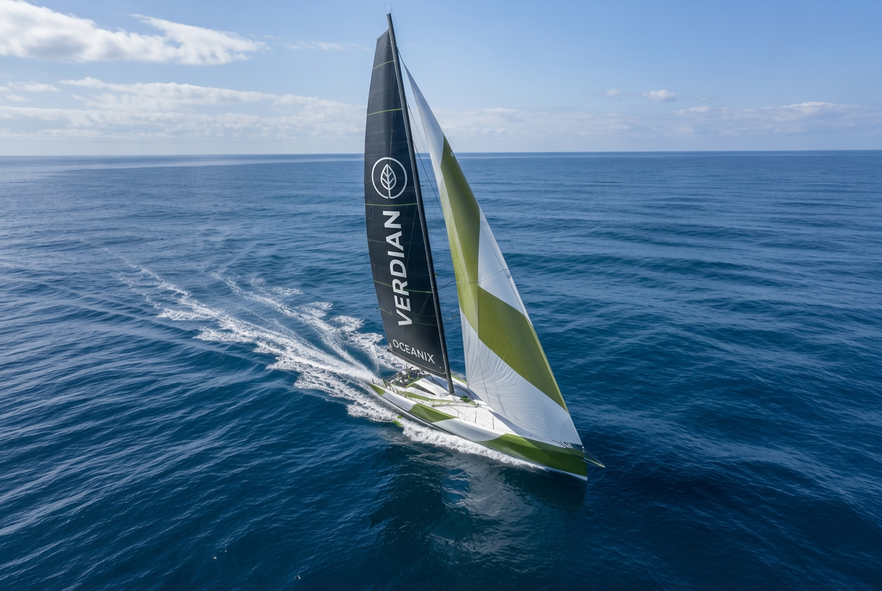 Илюстрация: IMOCA яхта с бранд идентичност в открит океан